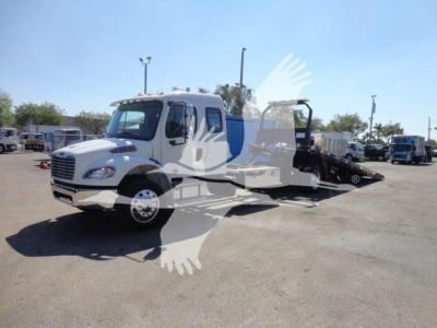 Truck: 2027 Freightliner M2 106 rollback w/ flatbed, side view showing cab, wheel, and towing deck.