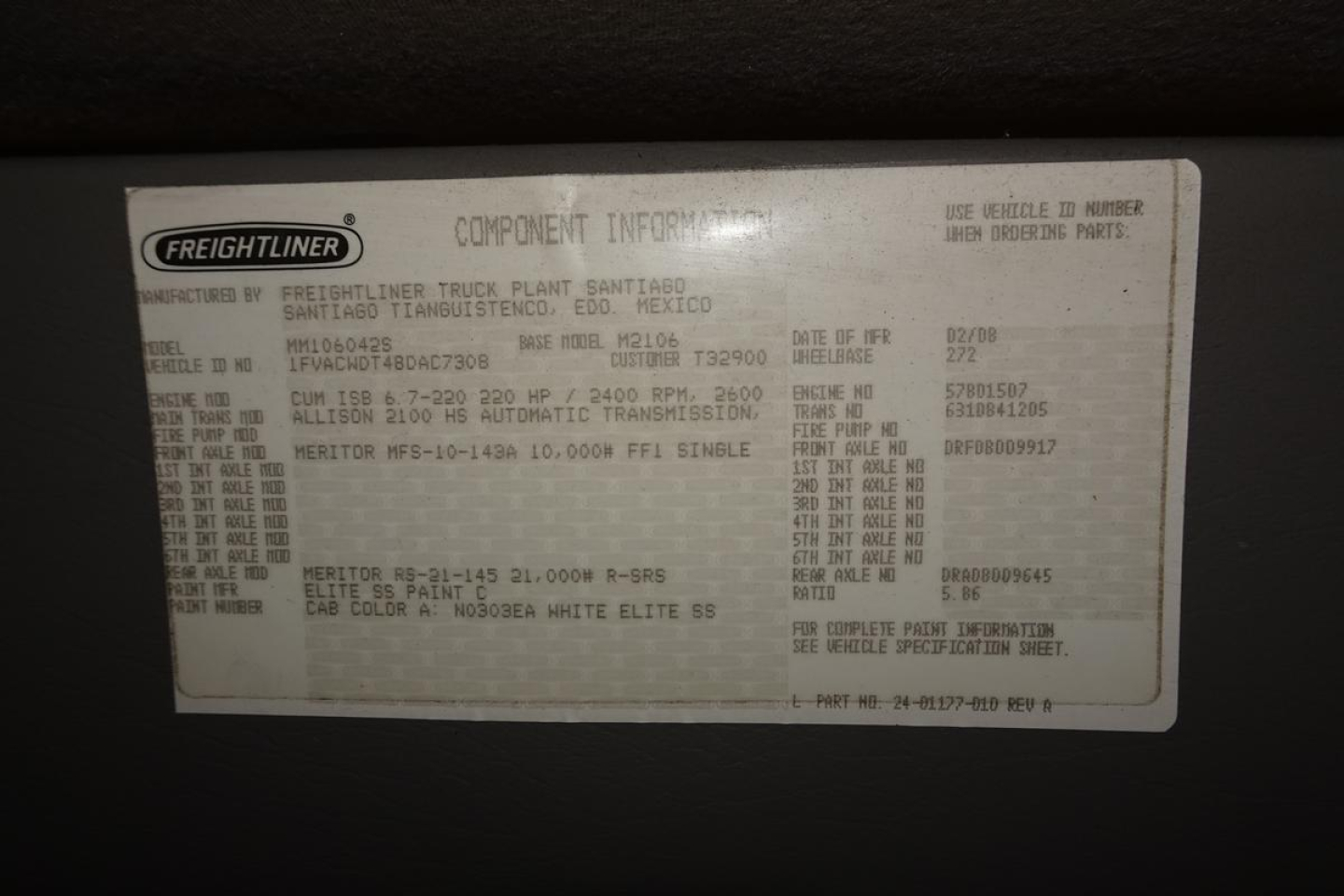 Freightliner data plate label showing component information and model details for a Freightliner truck M2-106, including VIN and other specs.