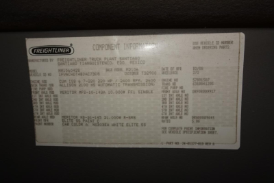 Freightliner data plate label showing component information and model details for a Freightliner truck M2-106, including VIN and other specs.