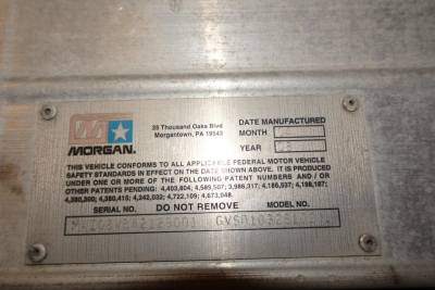 MORGAN brand plate on Freightliner M2-106 showing VIN/Manufacture dates and serial numbers. Plate includes '35 Thousand Oaks Blvd Morgantown, PA 19543' and model/serial info.