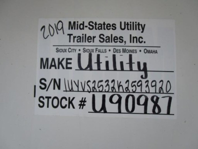 2019 Mid-States Utility Trailer Sales, Inc. label with VIN 1UYVS2532K2593920, S/N UYVS6533K2593920, STOCK # U90987, Make Utility.