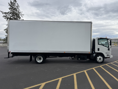 Isuzu NPR/NQR box truck in side profile with blank cargo box and cab, no visible branding or text on box.