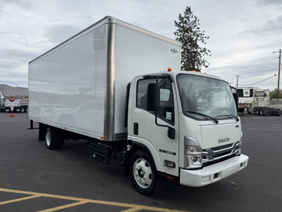 Isuzu NQR box truck in white with cargo box, front view, VIN JALE5W161R7900616, stock #63731, new unit, urban lot background.