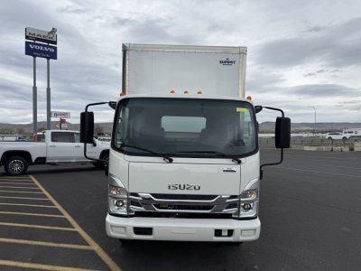 Isuzu NQR box truck front view showing cab and cargo box, with Isuzu emblem on grille and side mirrors visible.