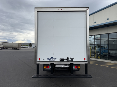 Isuzu NQR box truck viewed from rear showing back doors and Summit branded rear bumper.