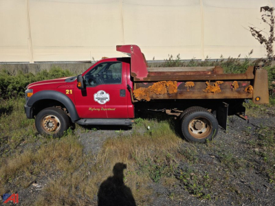 Ford F-550 Super Duty dump truck side view with red cab and rusted dump body, VIN 1FDUF5HY8DEA40323 visible in listing.