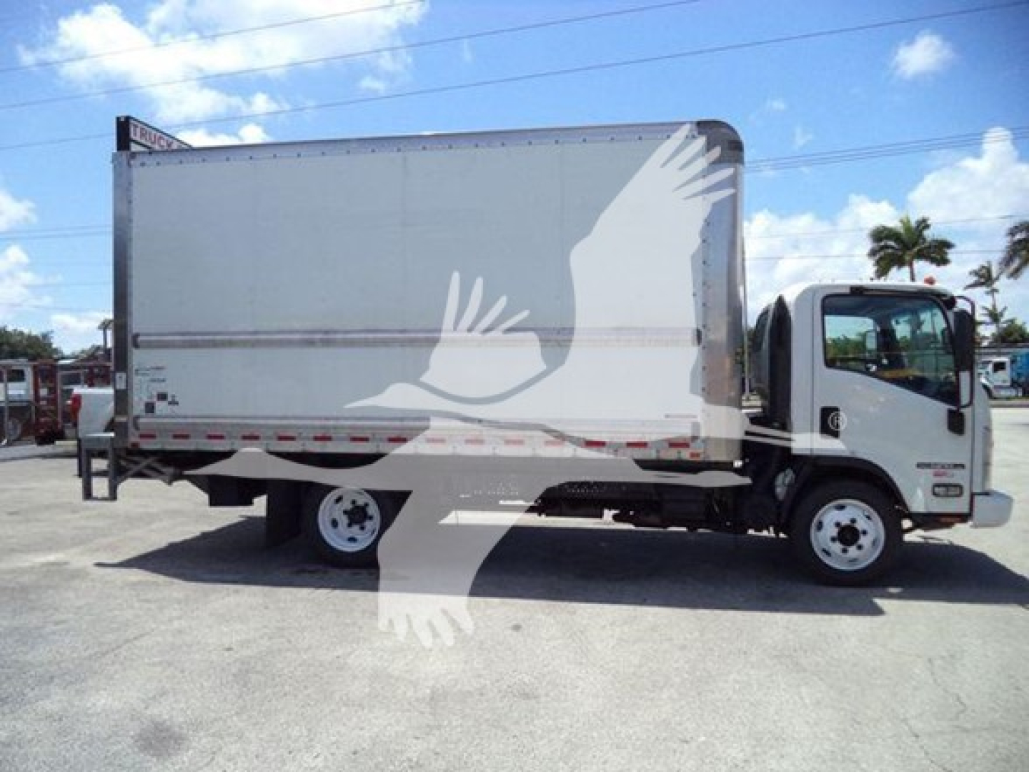 Isuzu NPR box truck side view showing cargo box with white exterior and cab, standard dual rear wheels, running on a paved lot.