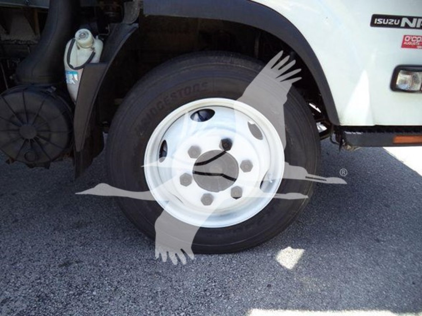 Isuzu NPR truck front wheel well and tire showing Bridgestone tire, white steel wheel, part of box truck body with Isuzu badge visible