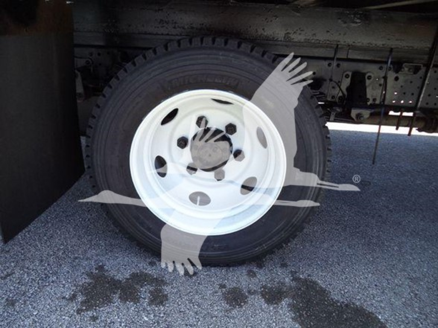 Isuzu NPR truck wheel and tire visible underbox area showing steel rim and tire treads.