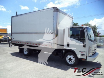 Box truck showing Isuzu NPR with box body, side view of cab and front wheel, no visible text prominent.