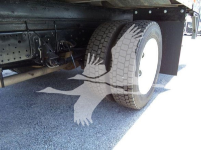 Rear section of Isuzu NPR truck showing dual rear tires and underbody components.