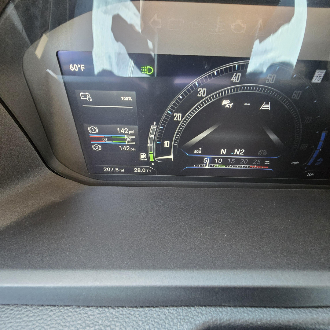 Cab display showing digital gauges in a Mack PR64T76H truck, including temperature 60°F, purple/blue digital panels, tire pressure readouts, and gear indicator with N2 label.