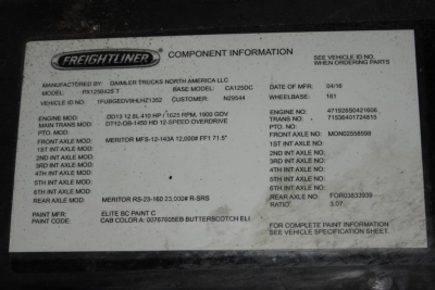 Freightliner component information plate on a 2017 Cascadia 125 showing model CST, VIN, engine and axle specs and paint codes.