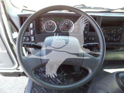 Isuzu truck cabin dashboard with steering wheel and instrument gauges visible