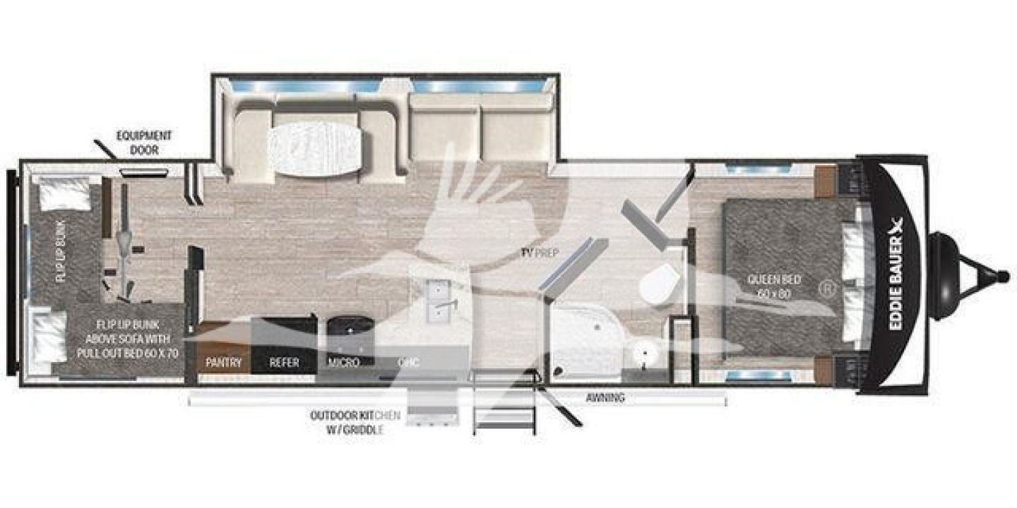 Travel trailer interior layout showing living area, kitchen, bedroom, and bathroom with bunk area labeled outside kitchen with fridge and pantry; front bedroom with queen bed; exterior hitch at right.