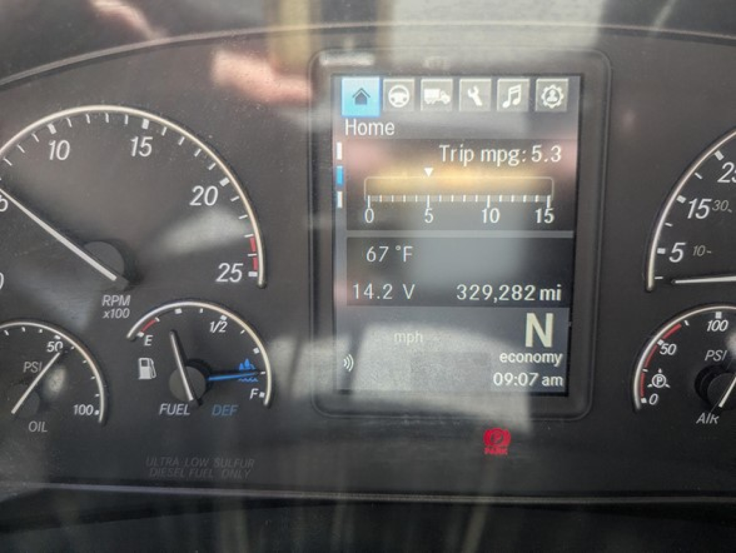 Dashboard of a 2021 Freightliner Cascadia 126 showing instrument gauges and a digital display. Text visible includes Home, Trip mpg: 5.3, 67 °F, 14.2 V, 329,282 mi, N gear, mph scale, and icons on the screen.