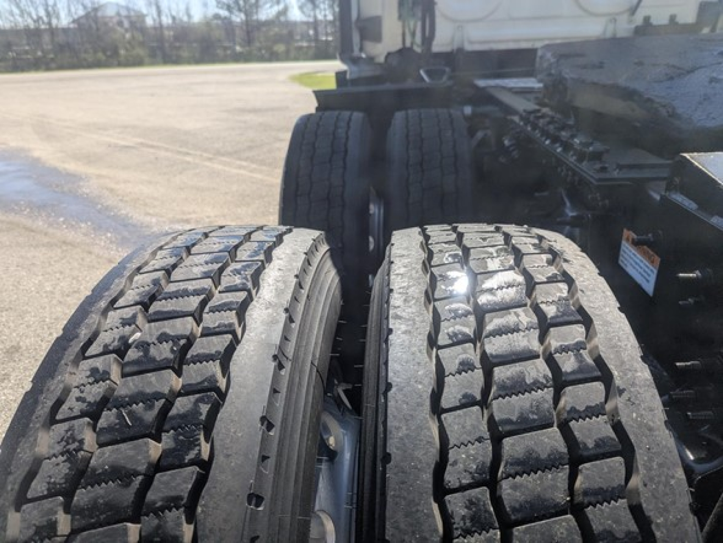 Freightliner Cascadia chassis showing dual rear tires and suspension view with tread details.