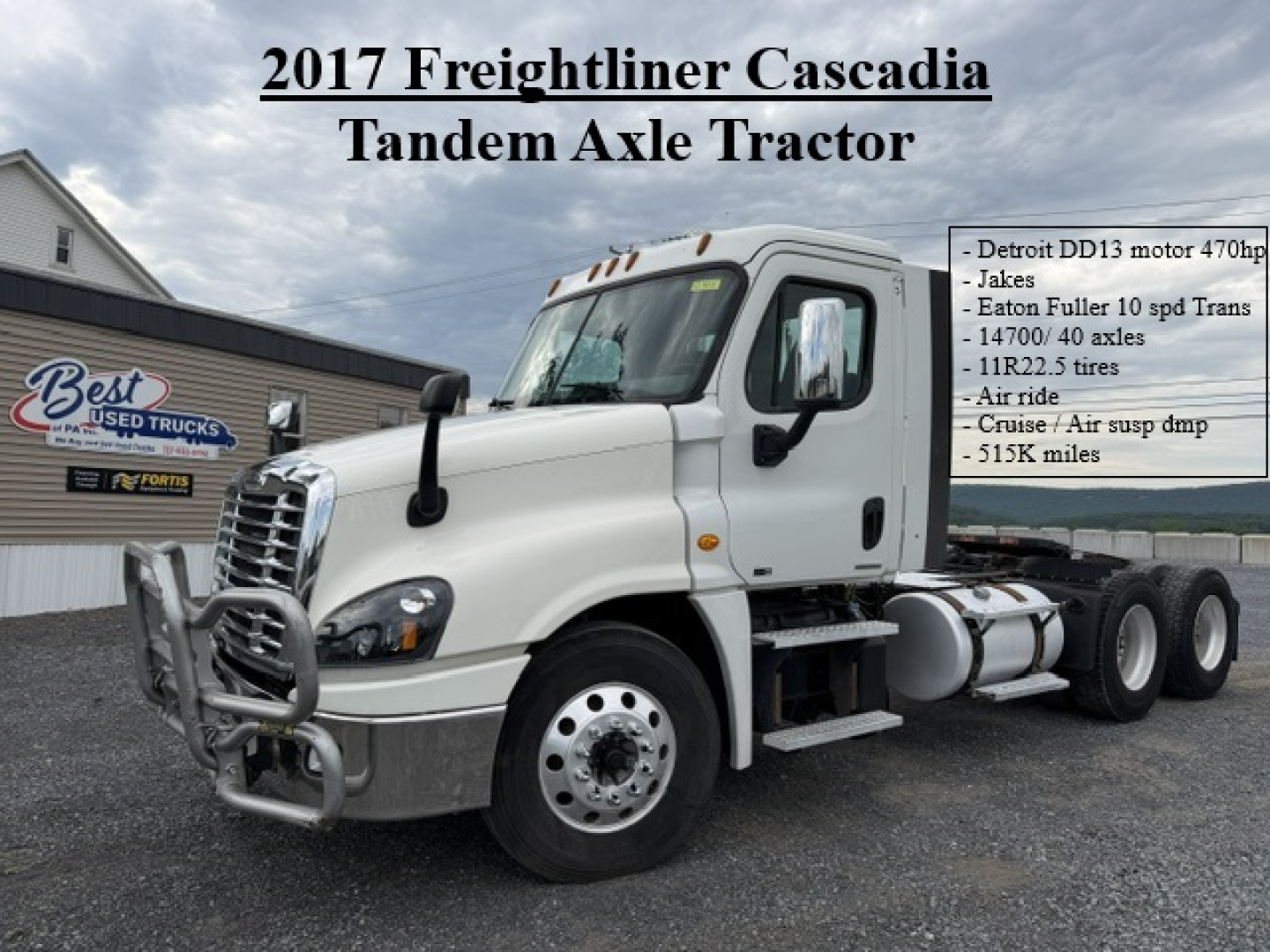 Truck engine bay and front view of a 2017 Freightliner Cascadia tandem axle tractor with chrome bumper guard and fog lights. Text overlay shows specs and VIN details.