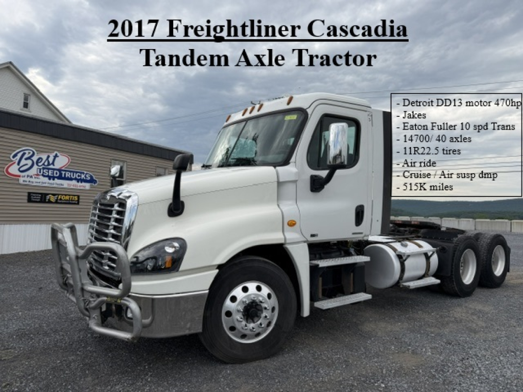 Truck engine bay and front view of a 2017 Freightliner Cascadia tandem axle tractor with chrome bumper guard and fog lights. Text overlay shows specs and VIN details.