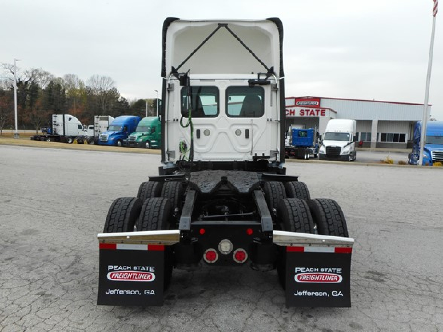 Rear view of a 2021 Freightliner Cascadia 126 day cab tractor with dual rear axles and fender mudflaps displaying Peach State Freightliner Jefferson, GA.
