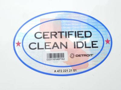 Sticker reading CERTIFIED CLEAN IDLE with barcode and Detroit logo on white surface.