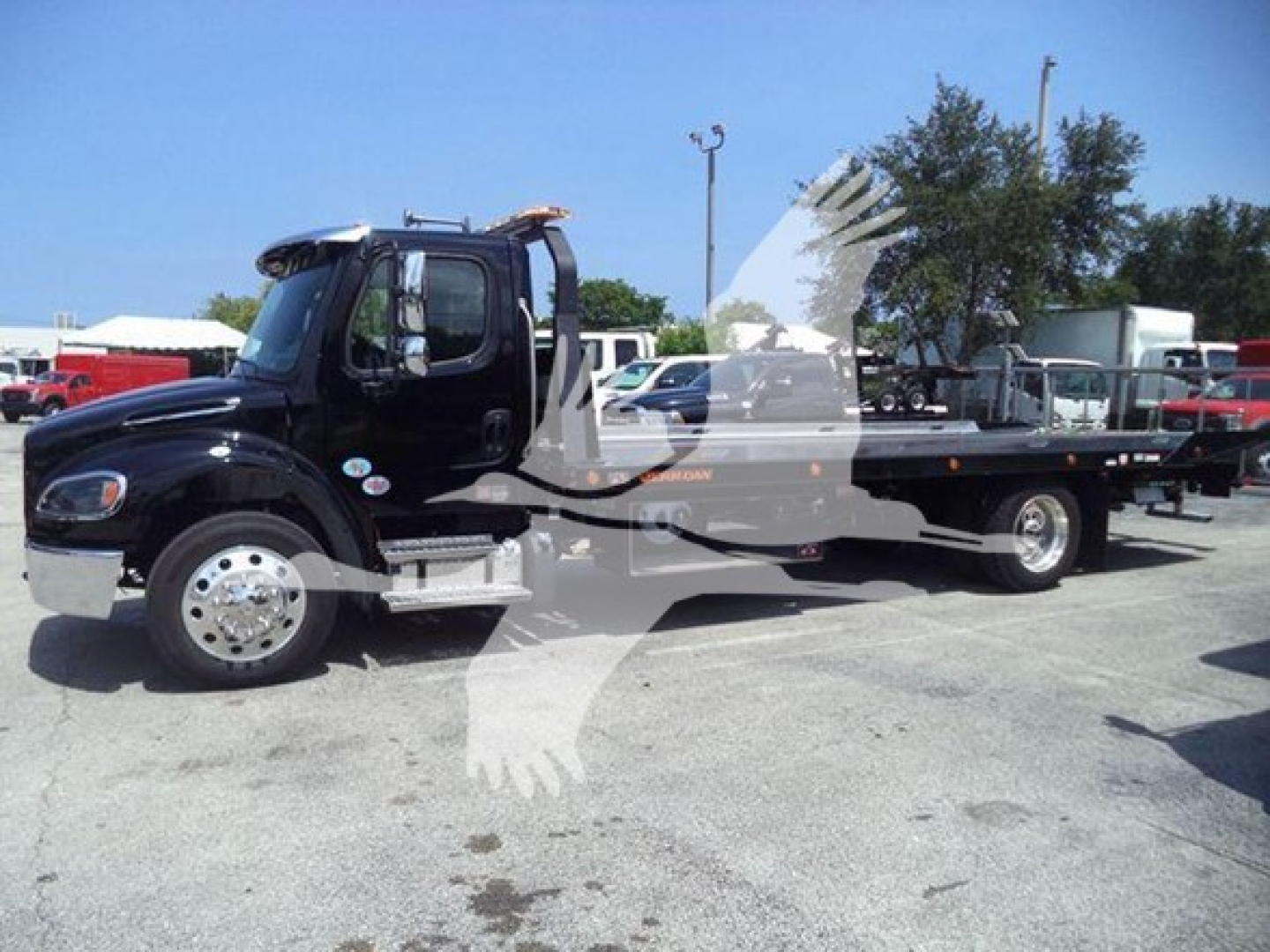 Freightliner M2 106 Plus rollback truck in a dealership lot showing cab and flatbed.