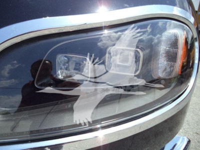 Headlight area of Freightliner M2 106 Plus with reflection and partial chrome trim.