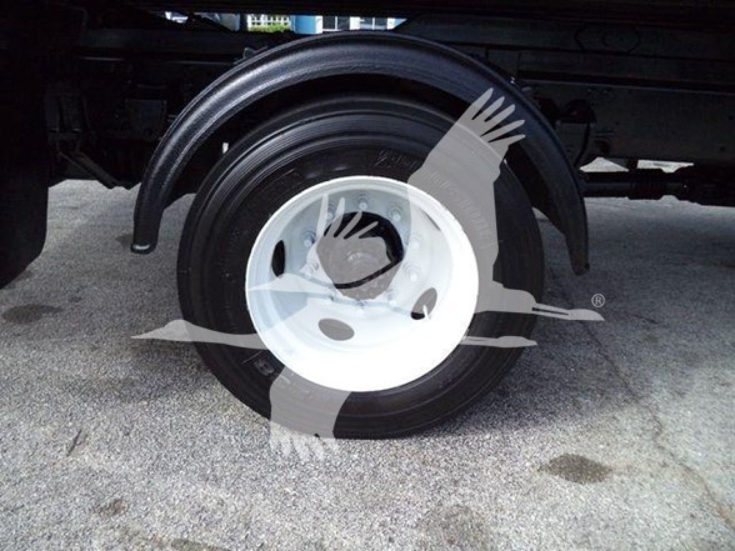 Front wheel and fender of a Hino 258LP hooklift truck showing wheel and tire assembly and rear frame.
