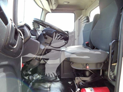 Cab interior of a 2017 Hino 258LP hooklift truck showing driver seat, steering wheel, and dashboard views.