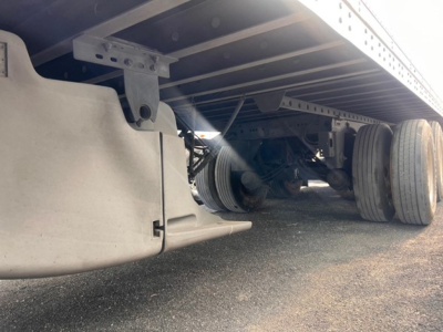 Great Dane air ride reefer trailer undercarriage showing swing doors and dual rear wheels.