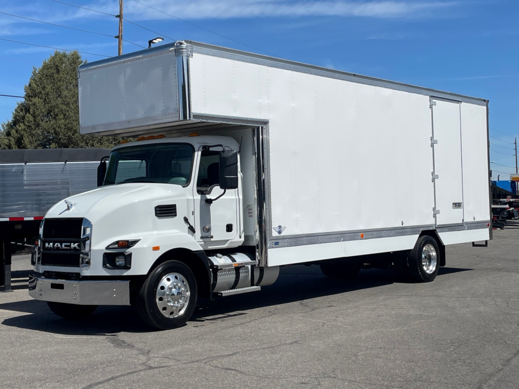 Box truck: 2025 Mack MD6 with a large white box body and cab, VIN 1M2MDBAA5SS016853, stock 66726, new unit.