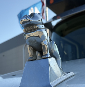 Chrome mirror lion hood ornament mounted on a Mack GR64F dump truck, with base plate and adjacent cab visible.