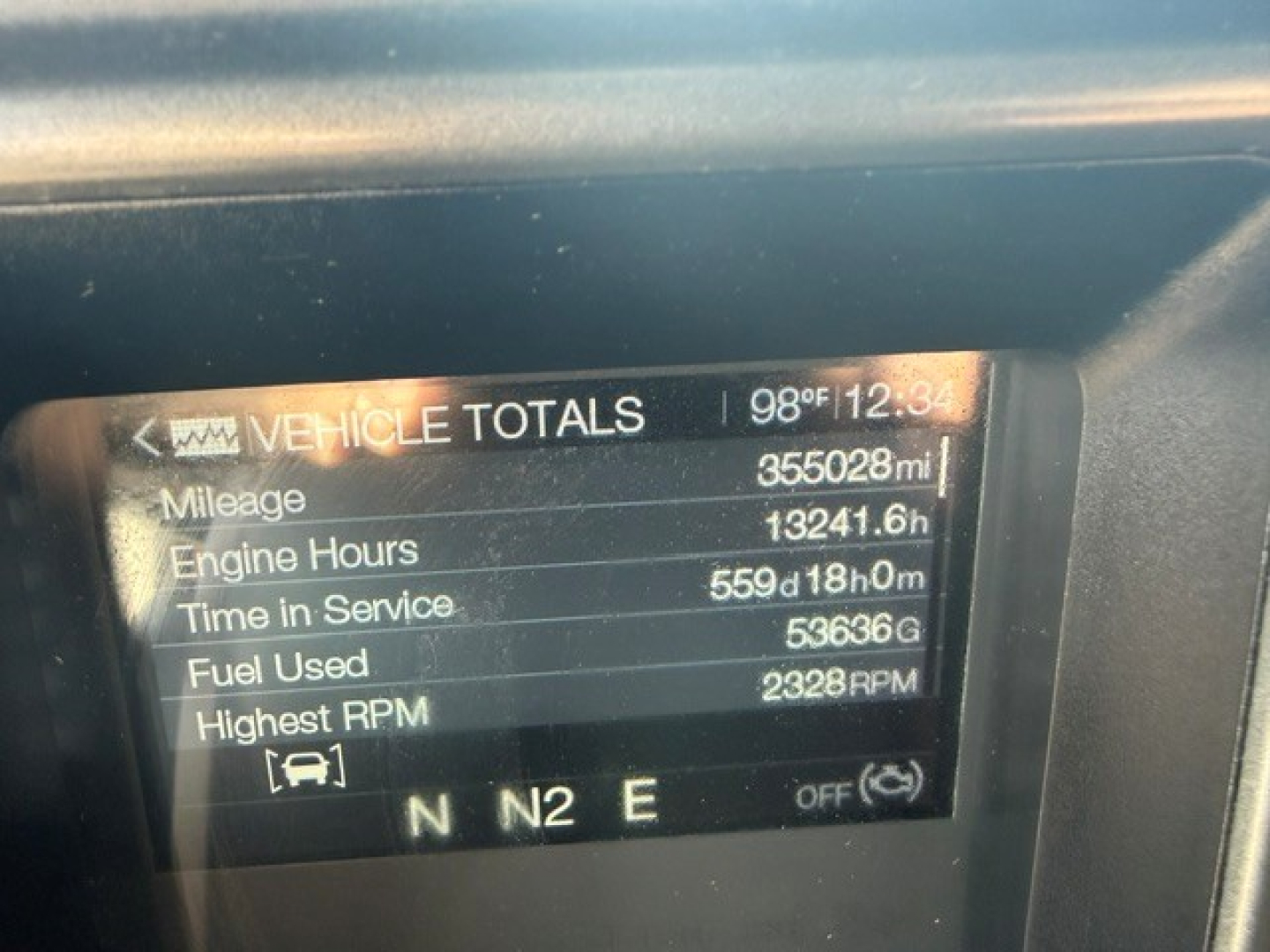 Truck instrument cluster display showing Vehicle Totals with Mileage 355,028 mi, Engine Hours 13,241.6 h, Time in Service 5,596 h, Fuel Used 53,636 gal, Highest RPM 2,328, and gear indicators N N2 E.