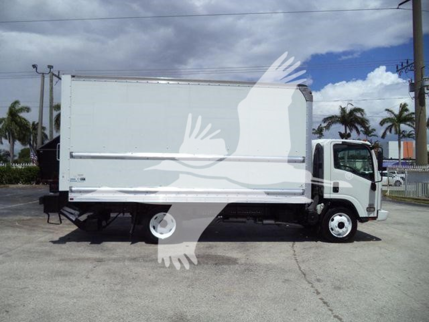 Isuzu NPR HD box truck side view showing cargo box and cab in used condition.
