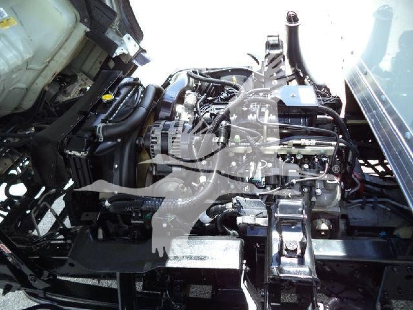 Isuzu NPR-HD truck engine bay showing exposed components and various hoses and wiring harnesses.