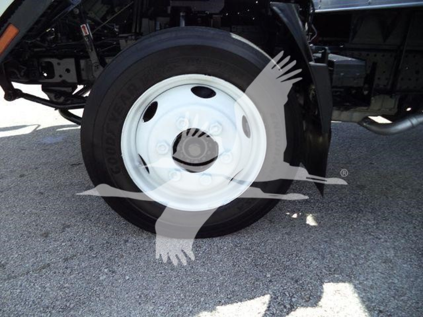 Isuzu NPR HD truck wheel and tire visible with white steel wheel and black tire; part of truck undercarriage seen.
