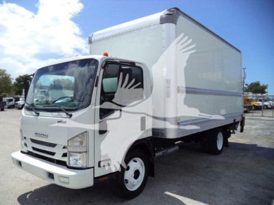 Isuzu NPR HD box truck in view showing cab and cargo box with white exterior and black chassis