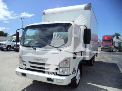 Isuzu NPR-HD box truck showing side and front view with white cab and cargo box.