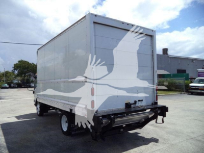 Isuzu NPR HD box truck rear view showing rear doors and bumper.