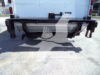 Isuzu NPR-HD rear truck bumper with mounting brackets and bumper guard, showing the back of a box truck.