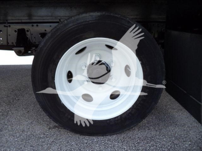 Isuzu NPR-HD truck wheel showing white steel rim and tire under truck bed.