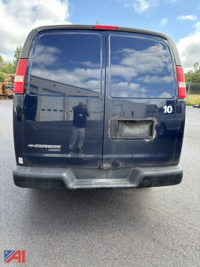Chevrolet Express Cargo Van rear view showing two back doors, rear bumper, and 'Express' badge; number 10 sticker on right door.