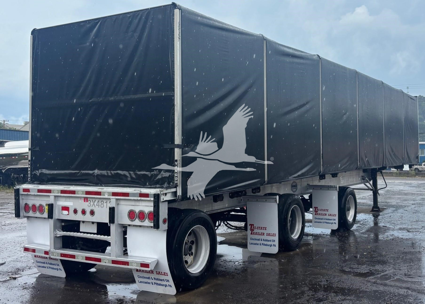Trailer rear and side view showing black tarp-covered aluminum flatbed with a white gull graphic on the side and red taillights.