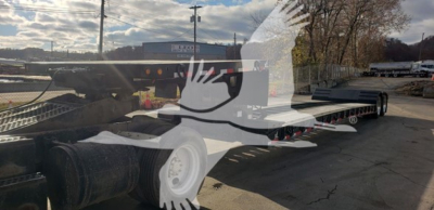 Lowboy trailer showing a flatbed car carrier with dual axles and a long deck. Visible text on stickers: VIN 4U3J04929LL019364, stock number 48-6048, trailer category lowboy.
