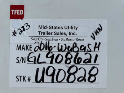 Van trailer identification tag with make year handwritten text '2016 Wabash' and serial/SN U908621, stock U90828, VIN 1JJV532D0GL908621, MF label 'Mid-States Utility Trailer Sales, Inc.'