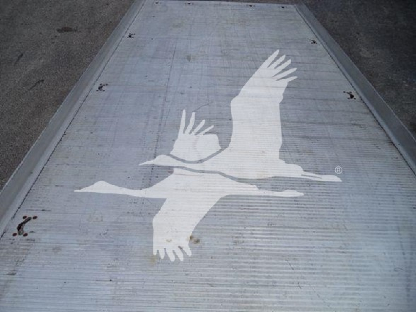 Flatbed truck bed with a white seagull logo in flight. No other legible text visible.