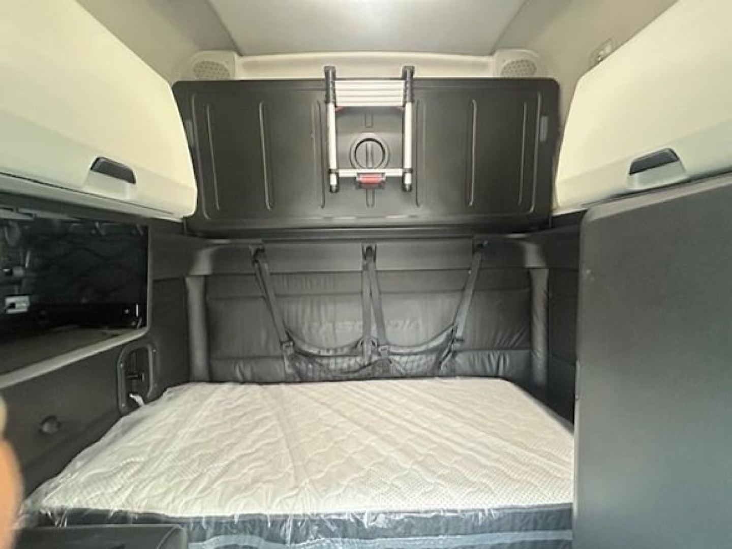 Freightliner Cascadia 126 sleeper cab interior cargo area with bed mattress and storage compartments visible.