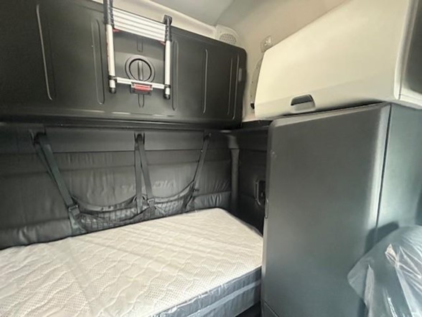 Freightliner Cascadia 126 sleeper cab interior showing bunk area with mattress, storage cabinets, and side compartments.