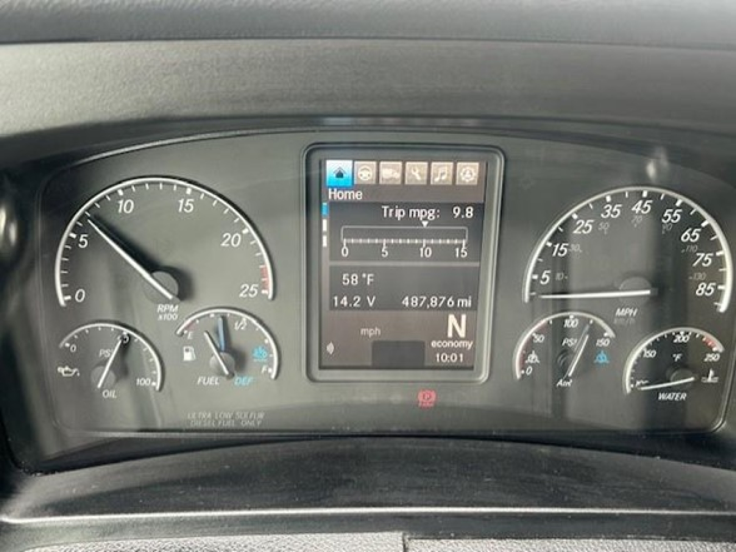 Freightliner Cascadia dash cluster showing digital trip computer and gauges