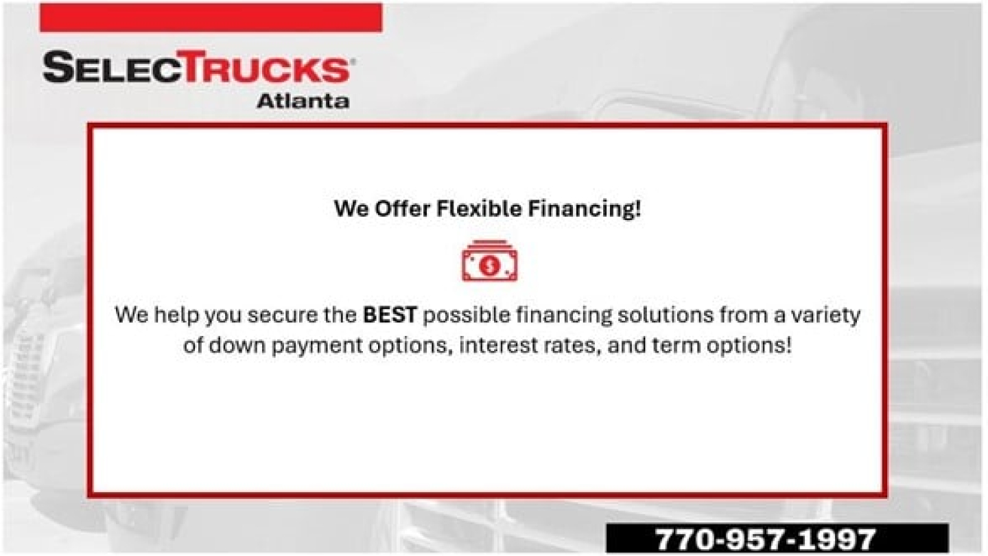 Conventional sleeper truck information card showing SelectTrucks Atlanta logo and financing banner.